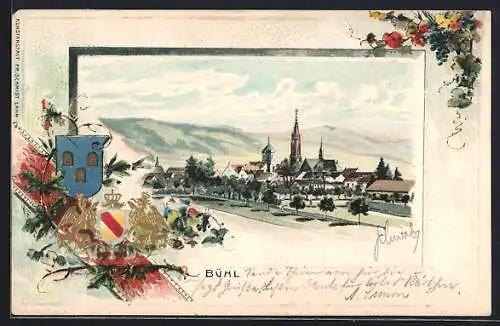 Passepartout-Lithographie Bühl / Baden, Ortsansicht gegen die Berge, Stadtwappen