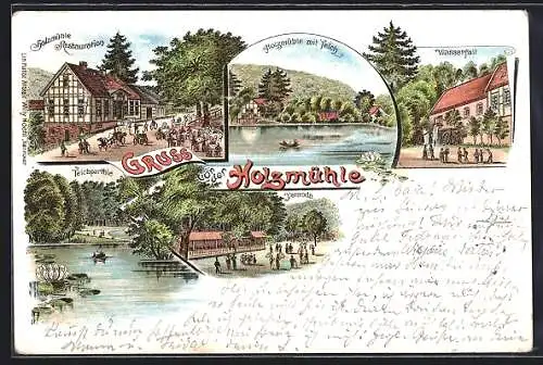 Lithographie Eldagsen / Springe, Gasthof Holzmühle mit Strasse, Veranda und Teich, Wasserfall