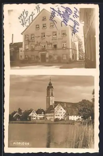 AK Kisslegg, Gasthof Hirsch-Post, Ortsansicht mit der Kirche