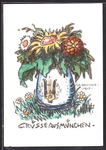 Künstler-AK Handgemalt sign. Carl O. Arends: München, Blumenstrauss in einer Vase mit Leier-Motiv