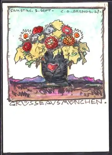 Künstler-AK Handgemalt sign. Carl O. Arends: München, Blumenstrauss in einer Vase mit Herz-Motiv