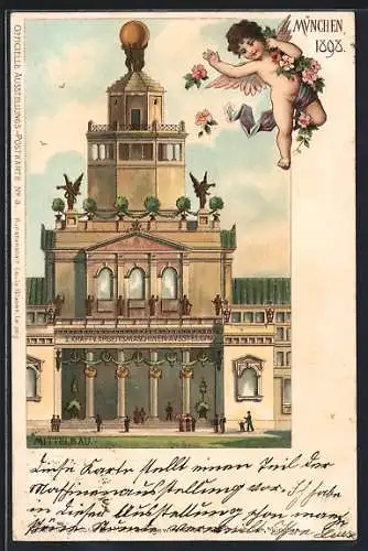 Lithographie München, Kraft-Arbeitsmaschinen-Ausstellung 1898, Mittelbau, Private Stadtpost Courier