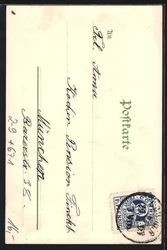Lithographie München, Kraft-Arbeitsmaschinen-Ausstellung 1898, Mittelbau, Private Stadtpost Courier