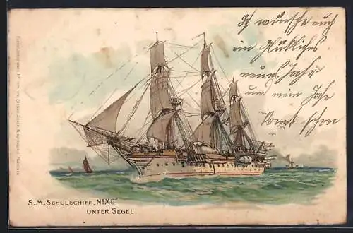 Lithographie S. M. Segelschulschiff Nixe in Fahrt