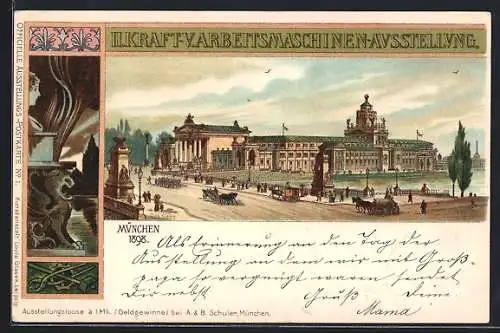 Lithographie München, II. Kraft- V. Arbeitsmaschinen-Ausstellung 1898, Strassenszene, Private Stadtpost Courier