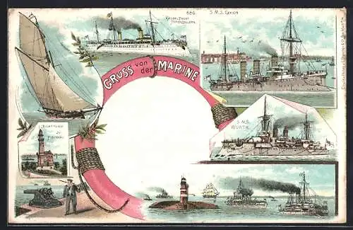Lithographie Holtenau, Kriegsschiff S. M. S. Gefion u. S. M. S. Wörth des Ostasiengeschwaders in Fahrt, Leuchtturm