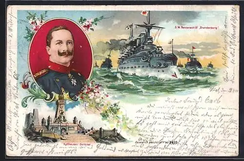 Lithographie SM Panzerschiff Brandenburg, Kyffhäuser-Denkmal, Ostasiengeschwader, Kaiser Wilhelm II.