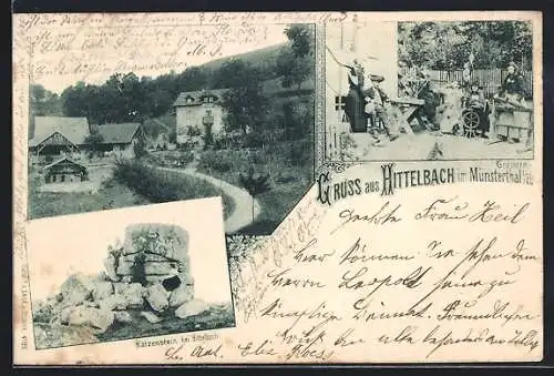 AK Hittelbach im Münsterthal, Gruppe in Trachten, Katzenstein und Ortspartie