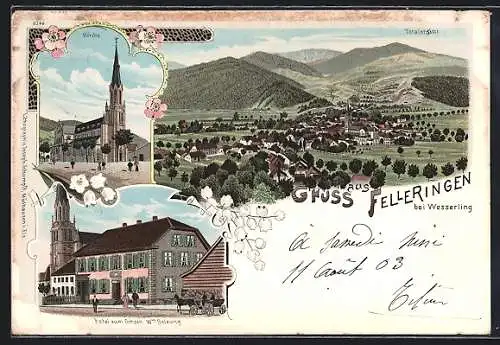 Lithographie Felleringen, Hotel zum Ochsen, Kirche, Totalansicht