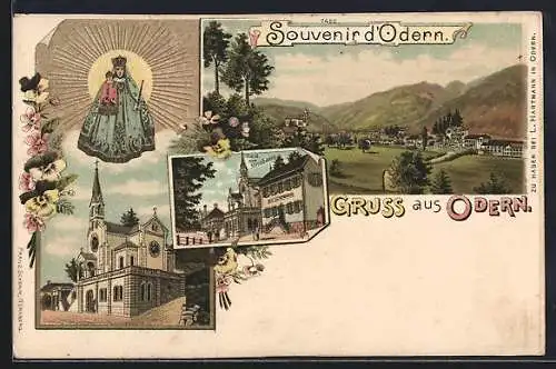 Lithographie Odern, Restaurant zum Nussbaum, Kirche mit Gnadenbild, Panorama