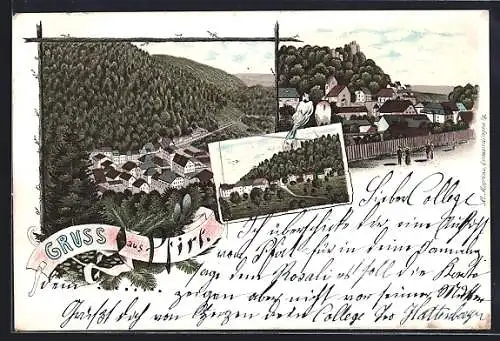 Lithographie Pfirt, Teilansichten mit Burgruine, Totalansicht und Singvögel