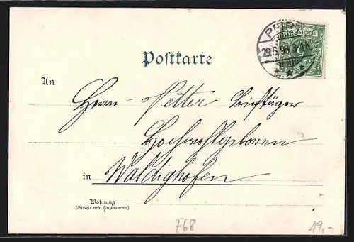 Lithographie Pfirt, Teilansichten mit Burgruine, Totalansicht und Singvögel