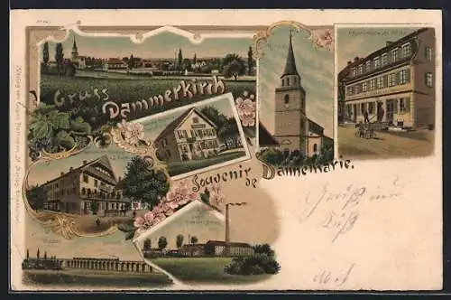 Lithographie Dammerkirch, Restaurant von J. Dunten, Fabrik Giradoni, Viadukt und Bahnhof-Restaurant