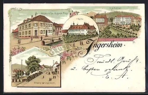Lithographie Ingersheim, Restaurant Auguste Frey, Drei Aehren, Spital und Ortseingang mit Eisenbahn