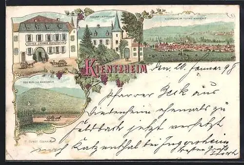 Lithographie Kientzheim, Restaurant von J. Rohmer, Schloss, Rebberg und Totalansicht