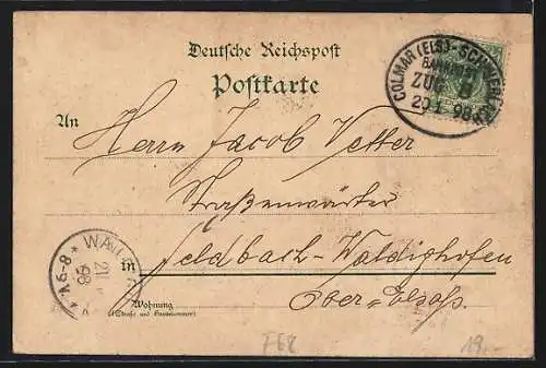 Lithographie Kientzheim, Restaurant von J. Rohmer, Schloss, Rebberg und Totalansicht