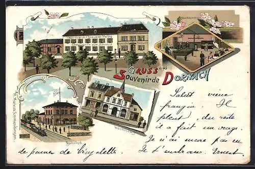 Lithographie Dornach, Restaurant zum Bahnhof, Bahnhof, Wachthaus, Kaiserliches Postamt