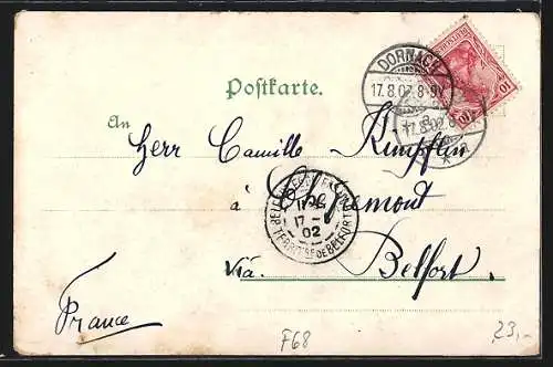Lithographie Dornach, Restaurant zum Bahnhof, Bahnhof, Wachthaus, Kaiserliches Postamt