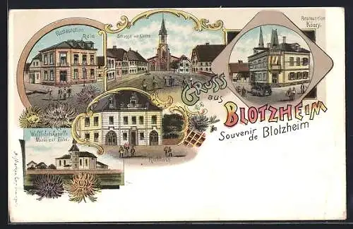 Lithographie Blotzheim, Restaurant Rhein, Restaurant Köery, Rathaus und Wallfahrtskapelle Maria zur Eiche