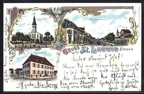 Lithographie St. Ludwig, Mühlhauserstrasse, evangl. Kirche, Gemeindehaus