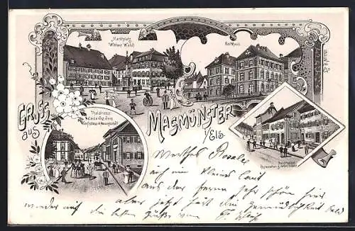 Lithographie Masmünster i. Els., Restaurant z. roten Ochsen in der Hauptgasse, Marktplatz Witwe Walch, Thalstrasse