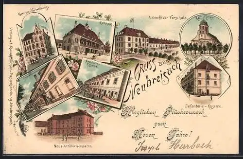 Lithographie Neubreisach, Artillerie- und Infanterie-Kasernen, Garnison-Verwaltung, Unteroffizier Vorschule, Rathhaus