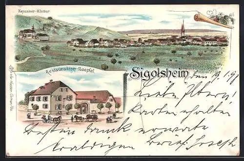 Lithographie Sigolsheim, Restaurant Zaepfel, Kapuzinerkloster und Totalansicht