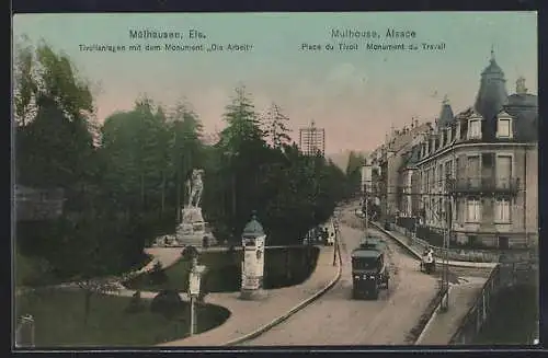 AK Mülhausen /Elsass, Tivolianlagen mit dem Monument Die Arbeit, Oberleitungsbus