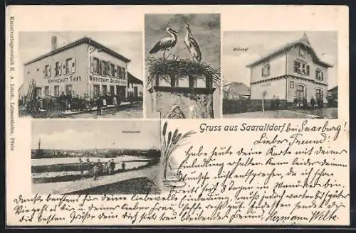 AK Saaraltdorf, Gasthaus zum Goldenen Löwen v. Thiry, Bahnhof, Totalansicht, Storchennest