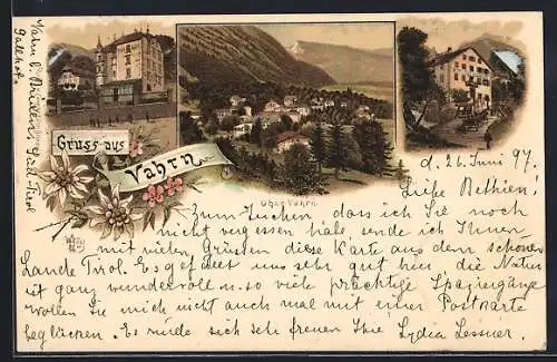 Lithographie Vahrn, Hotel Villa May R., Gasthaus Zum Waldsacker, Teilansicht vom Ort