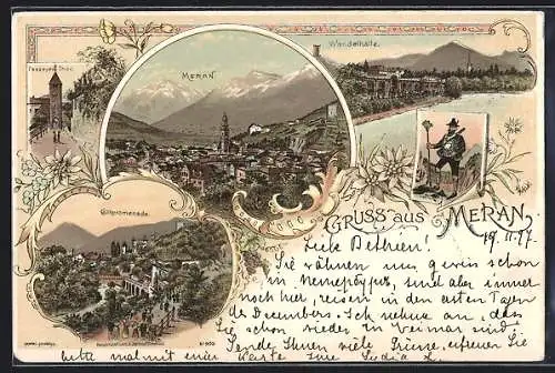 Lithographie Meran, Wandelhalle, Passeyer-Tor, Gilfpromenade, Tiroler in Tracht