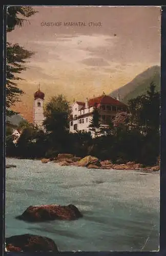AK Kramsach /Tirol, Mariatal, Gasthof und Kirchturm vom Fluss aus
