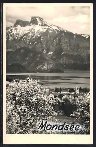 AK Mondsee, Blick auf See und Berge im Frühling