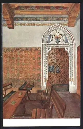 Künstler-AK Berndorf, Schule, Lehrzimmer im gotischen Stil mit Tischen und Stühlen