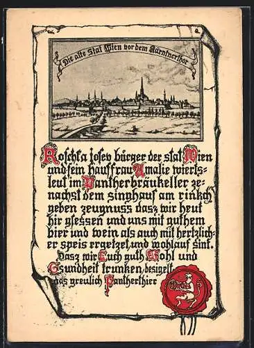 AK Wien, Restaurant Pantherbräu-Keller von Josef Roschka, Opernring 11, Urkunde mit alter Ortsansicht