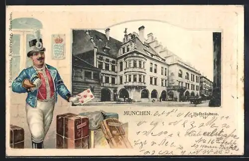 Passepartout-Lithographie München, Hofbräuhaus, Briefträger mit Paketen