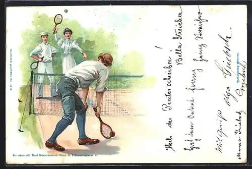 AK Zwei Herren und eine Dame spielen Tennis