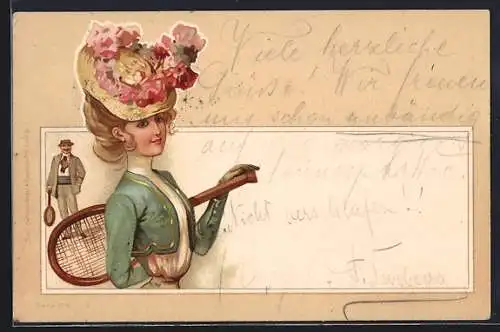 AK Dame mit Strohhut und Tennisschläger