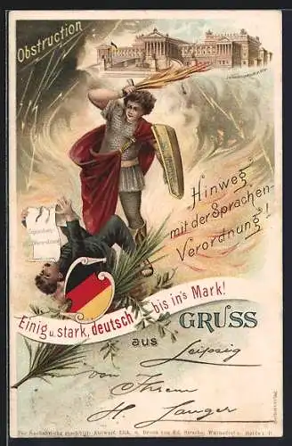 Lithographie Wien, Hinweg mit der Sprachenverordnung!, St. Michael mit Flammenschwert, Parlamentsgebäude