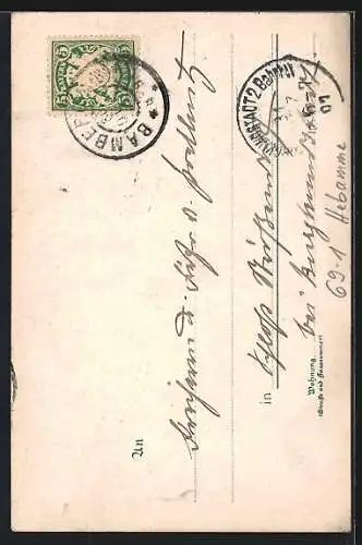 Künstler-AK Storch blickt einer Hebamme hinterher