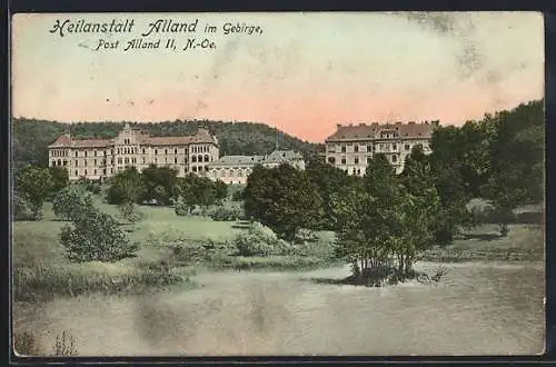 AK Alland im Gebirge, Heilanstalt mit Umgebung vom Wasser aus