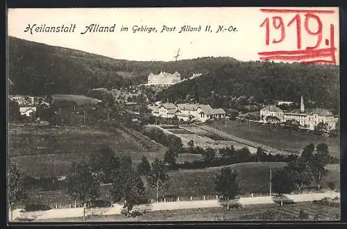 AK Alland im Gebirge, Heilanstalt mit Strasse aus der Vogelschau