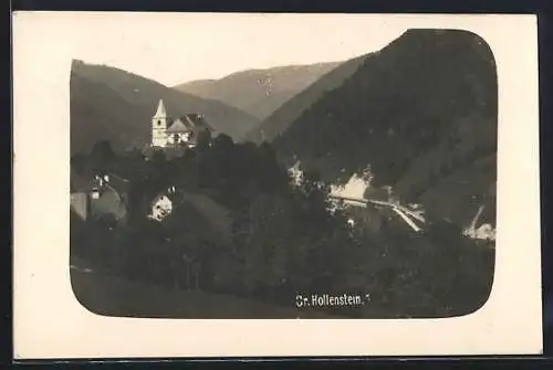 AK Gr. Hollenstein, Ortsansicht mit Kirche u. Strasse aus der Vogelschau