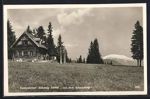AK Aspang /N.-Ö., Berghütte Kampsteiner-Schwaig J. Krigner mit dem Schneeberg