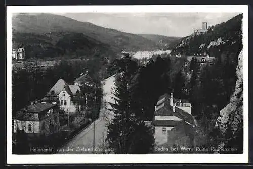 AK Baden bei Wien, Helenenthal, Ortsansicht von der Ziehrerhöhe aus, mit Strasse u. Ruine Rauhenstein