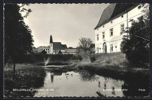 AK Zeillern bei Amstetten, Erholungsheim mit Kirche vom Wasser aus