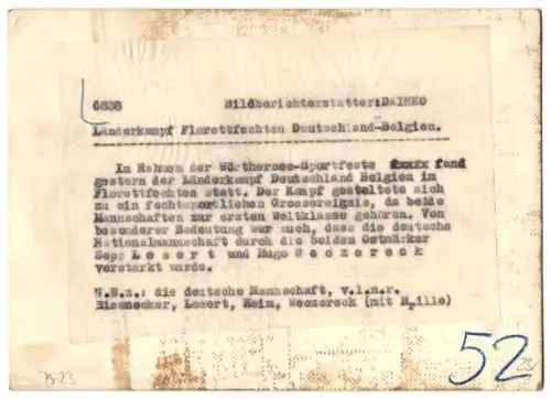 Fotografie Wörthersee-Sportfest 1938, Länderkampf Florett-Fechten Deutschland vs. Belgien, Deutsche Mannschaft