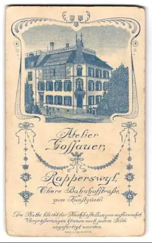 Fotografie A. Gossauer, Rapperswyl, Ansicht Rapperswyl, Blick auf das Ateliersgebäude nebst Anschrift