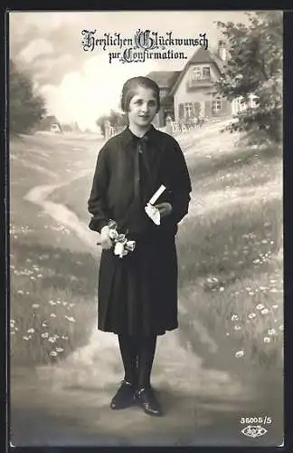 Foto-AK BNK Nr. 36005 /5: Konfirmandin mit Rosen und Gebetsbuch