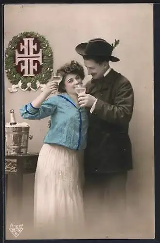 Foto-AK BNK: Paar stösst mit Sektgläsern an